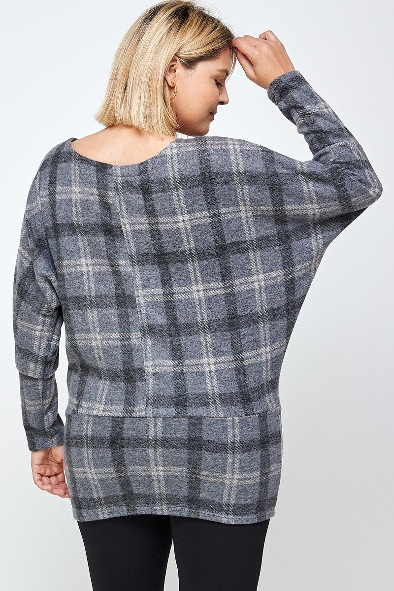 Boat Neck Plaid Print Tunic Top Long Dolman Sleeves