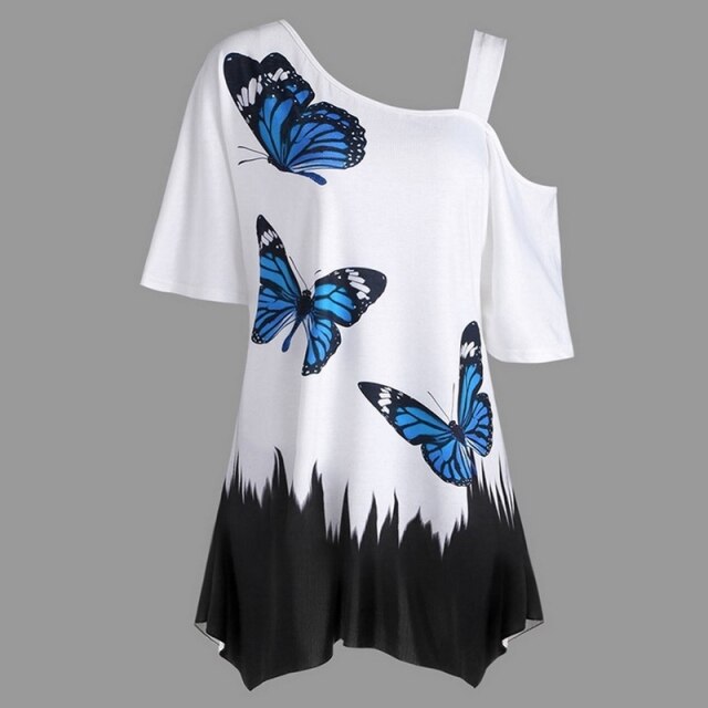 Butterfly Print Women's Tunic Tee Shirt, Irregular Top