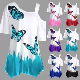 Butterfly Print Women's Tunic Tee Shirt, Irregular Top