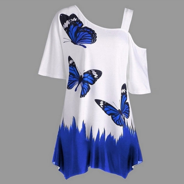 Butterfly Print Women's Tunic Tee Shirt, Irregular Top