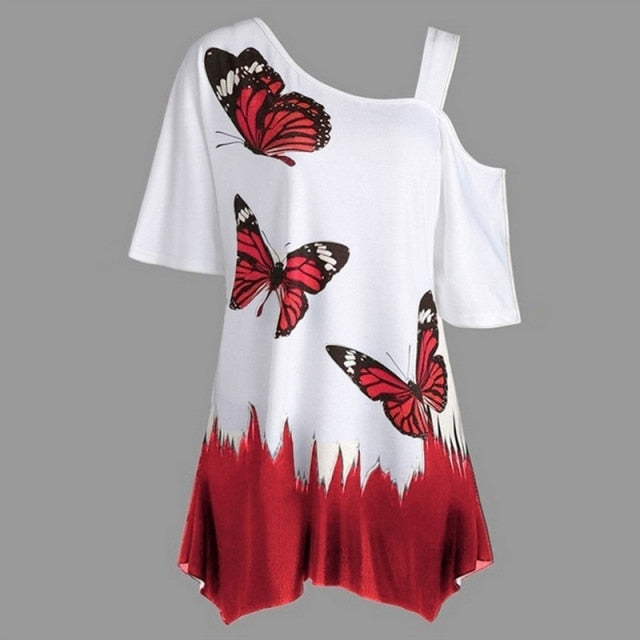 Butterfly Print Women's Tunic Tee Shirt, Irregular Top