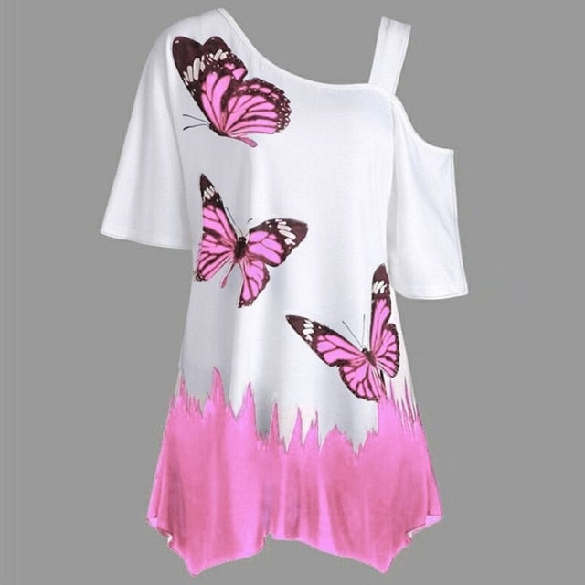 Butterfly Print Women's Tunic Tee Shirt, Irregular Top