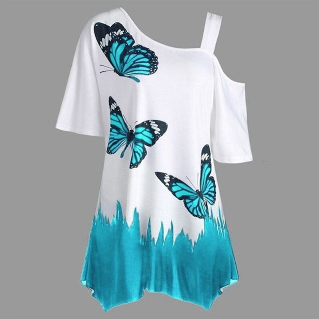 Butterfly Print Women's Tunic Tee Shirt, Irregular Top