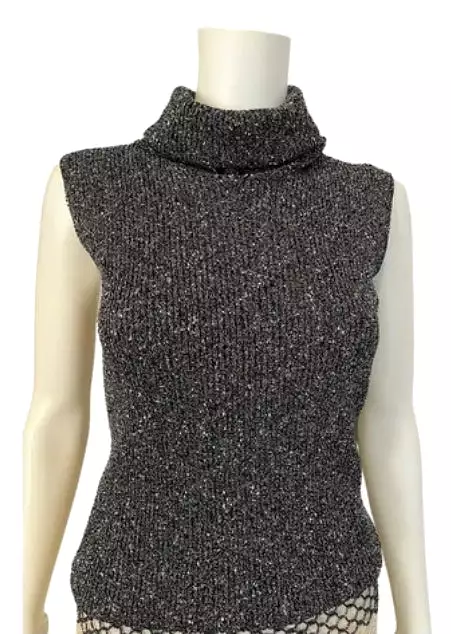 Chanel 05A 2005 Fall Gray Metallic Knit Sleeveless Turtleneck Sweater Top FR 38 - Online Shopping