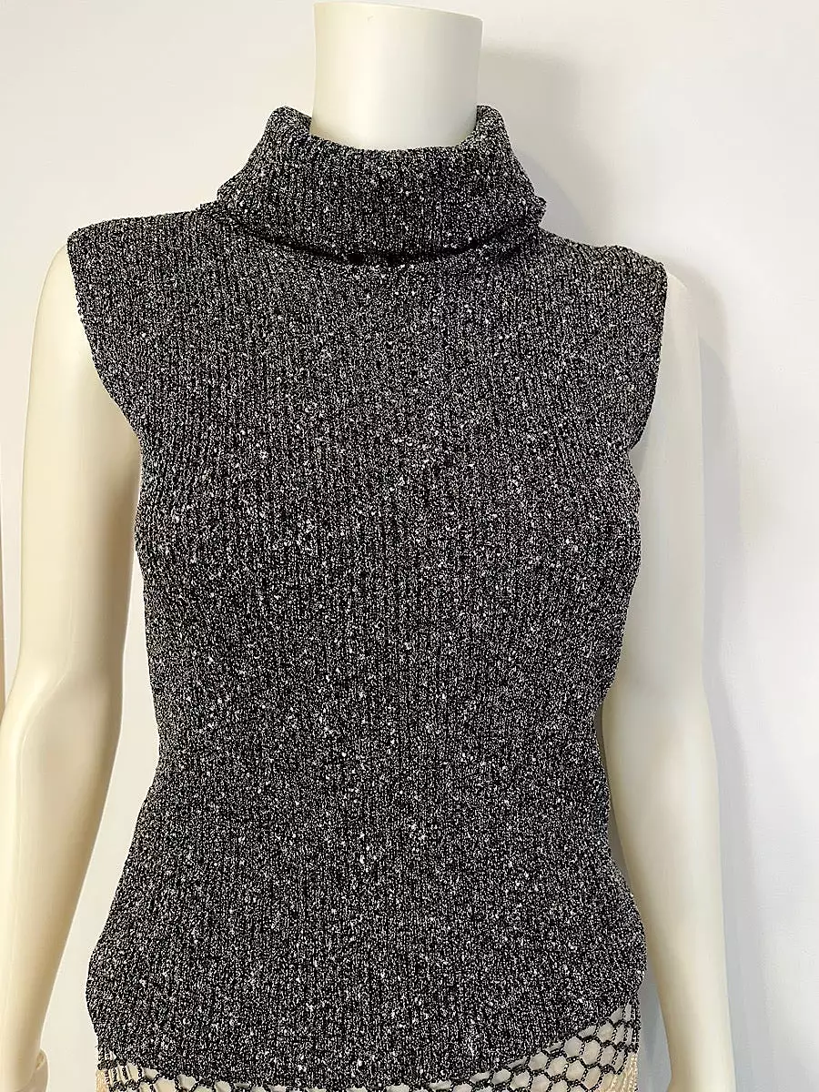 Chanel 05A 2005 Fall Gray Metallic Knit Sleeveless Turtleneck Sweater Top FR 38 - Online Shopping