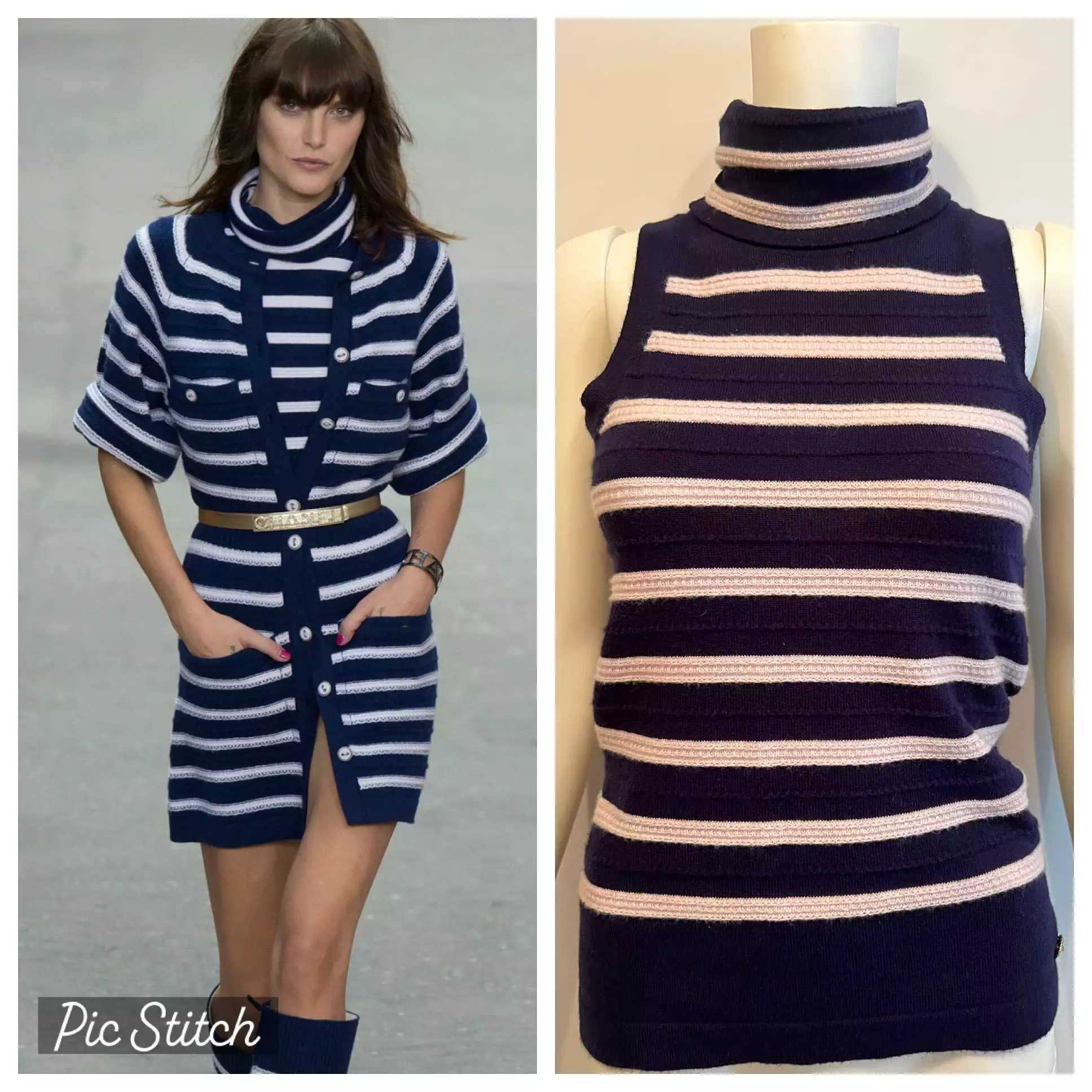 Chanel 15S 2015 Summer Cashmere Navy Blue Lilac Stripe Sleeveless Turtleneck Sweater Top Blouse FR 36 US 4