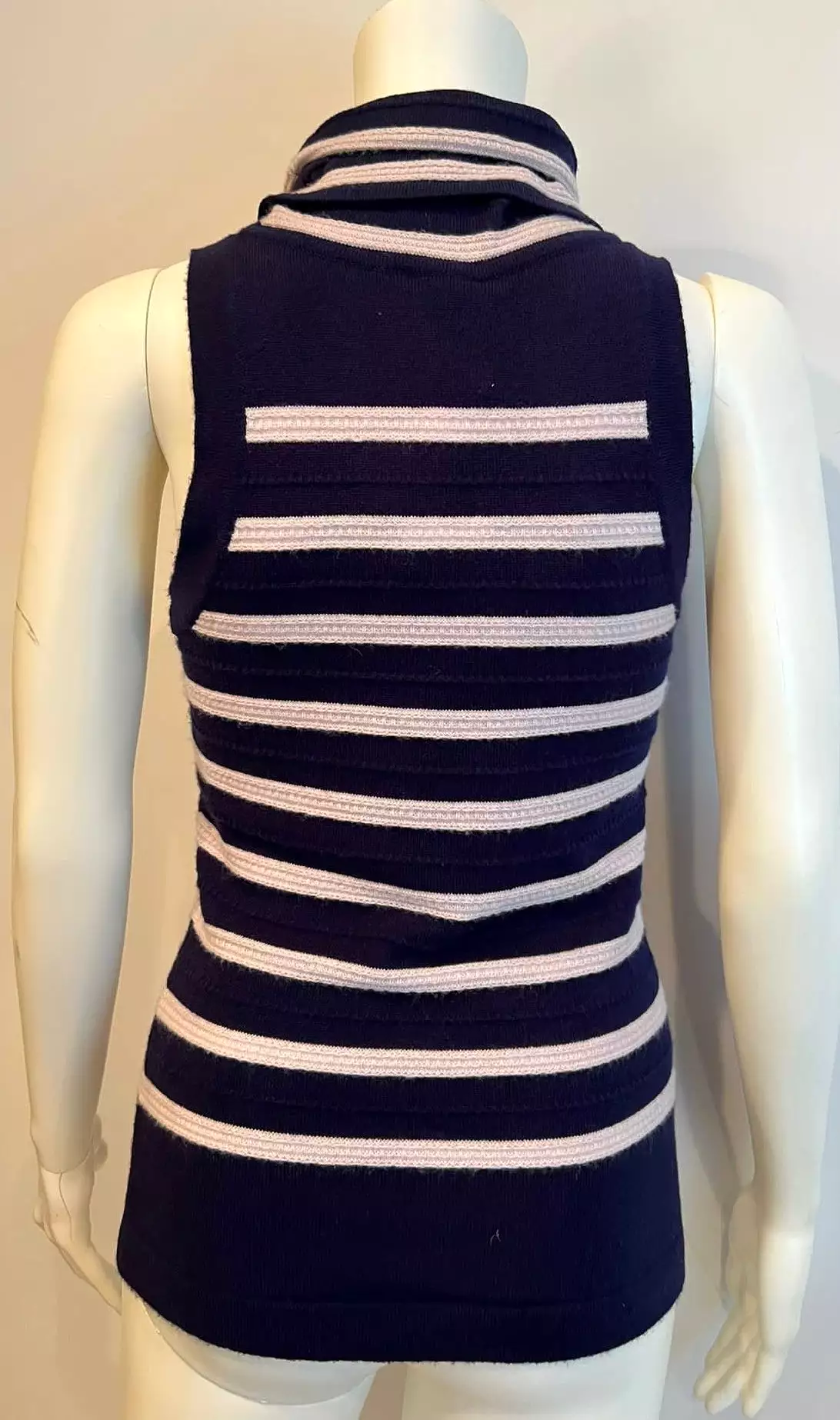 Chanel 15S 2015 Summer Cashmere Navy Blue Lilac Stripe Sleeveless Turtleneck Sweater Top Blouse FR 36 US 4