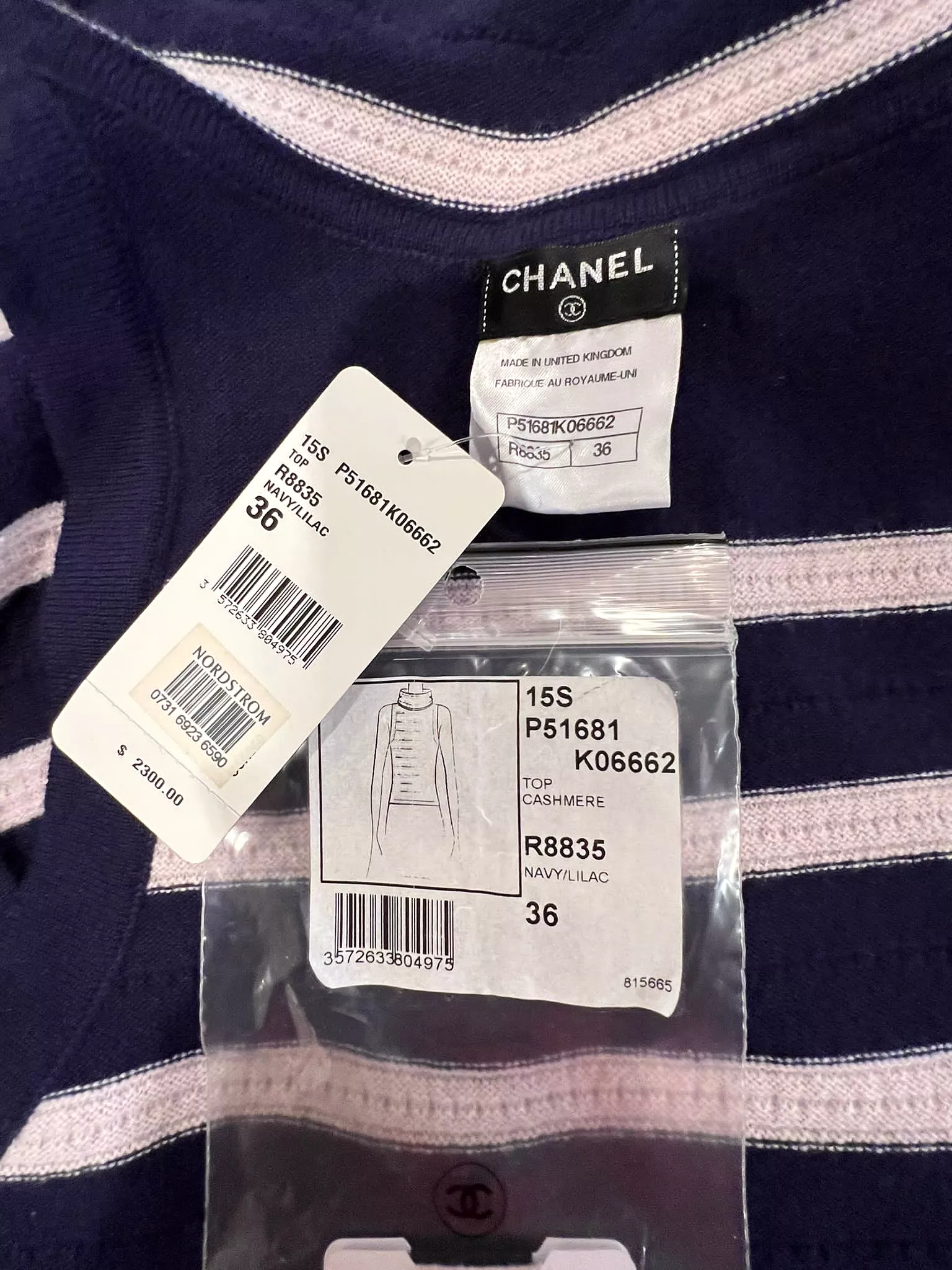 Chanel 15S 2015 Summer Cashmere Navy Blue Lilac Stripe Sleeveless Turtleneck Sweater Top Blouse FR 36 US 4