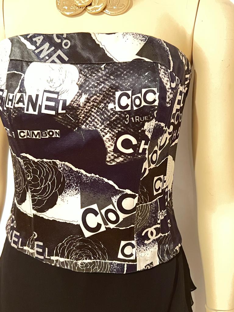 Chanel Coco Iconic Logos Graffiti Satin Corset Bustier Camisole 2020 Fall 20A - Black/Blue/White, FR 40 US 4/6