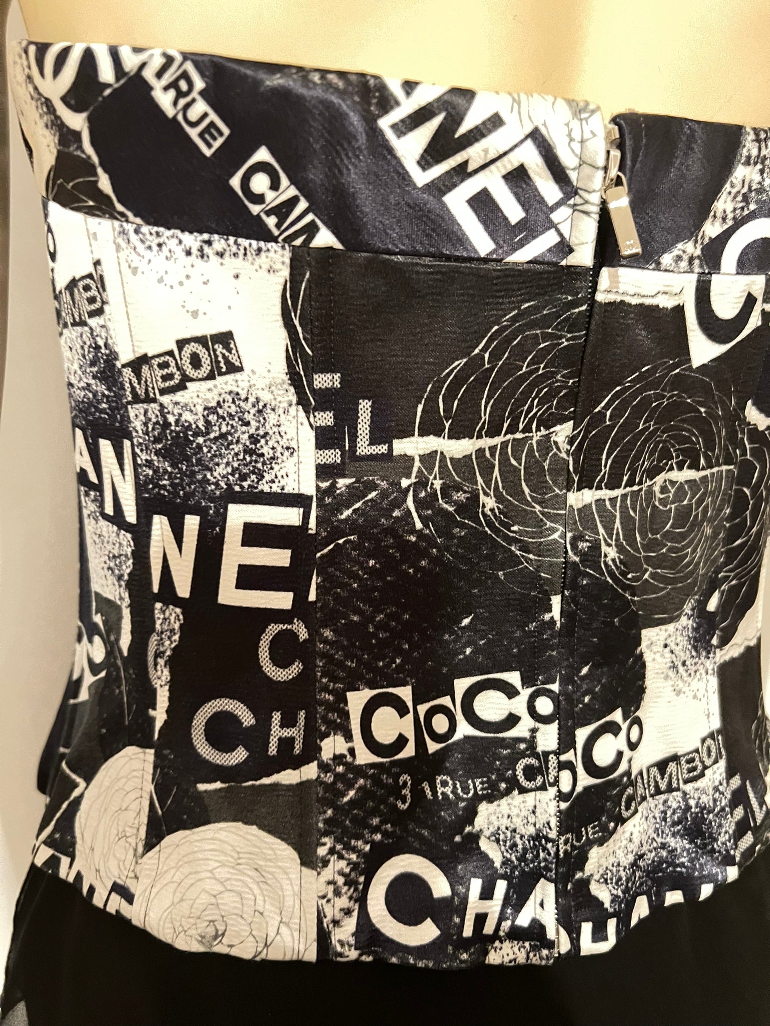 Chanel Coco Iconic Logos Graffiti Satin Corset Bustier Camisole 2020 Fall 20A - Black/Blue/White, FR 40 US 4/6