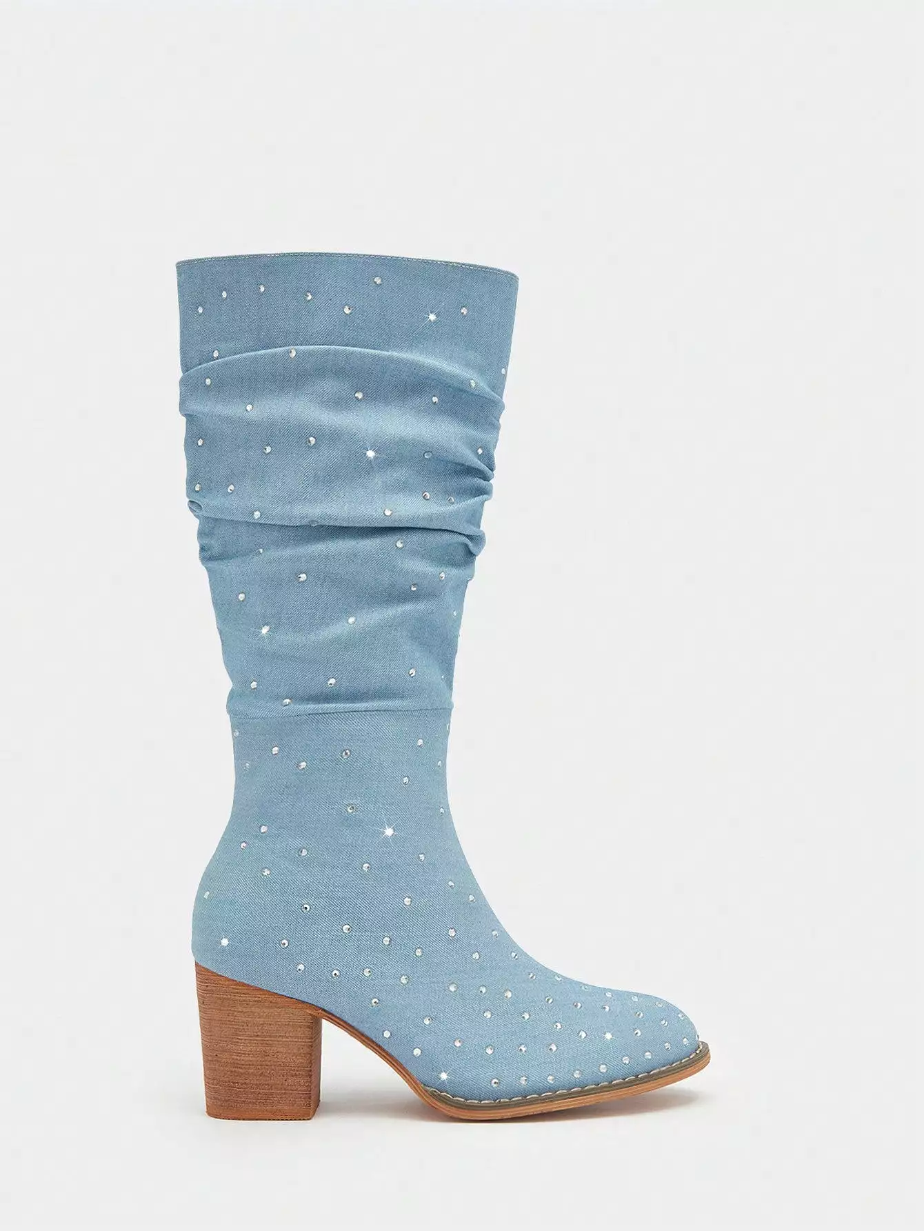 Chunky Heeled Boots with Rhinestone Decor, Outdoor Denim Slouchy Boots for Women