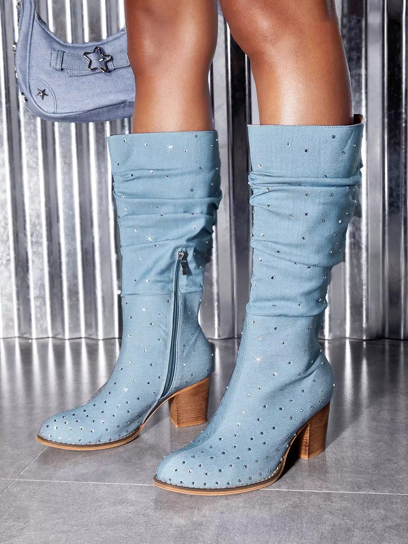 Chunky Heeled Boots with Rhinestone Decor, Outdoor Denim Slouchy Boots for Women