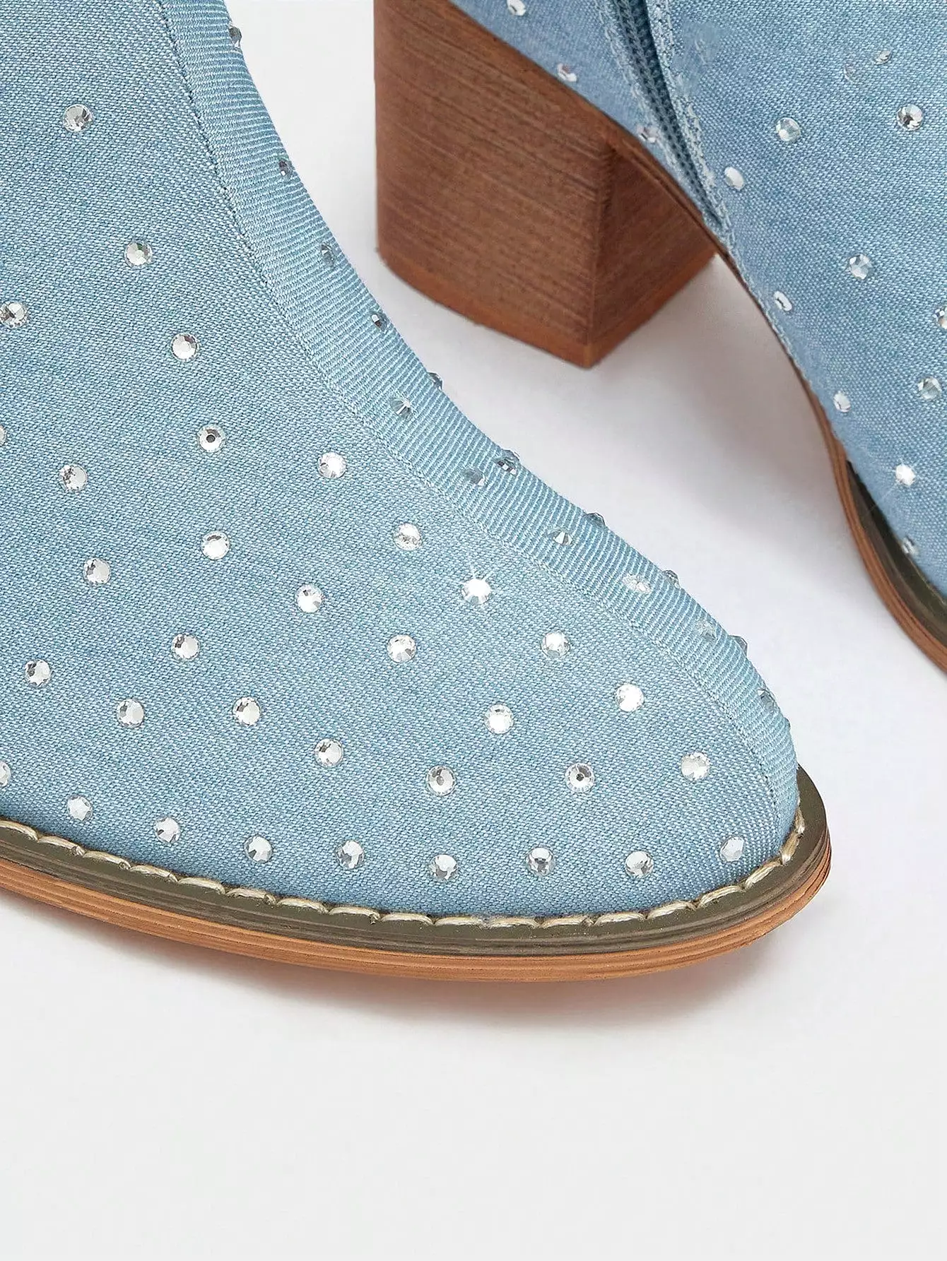 Chunky Heeled Boots with Rhinestone Decor, Outdoor Denim Slouchy Boots for Women