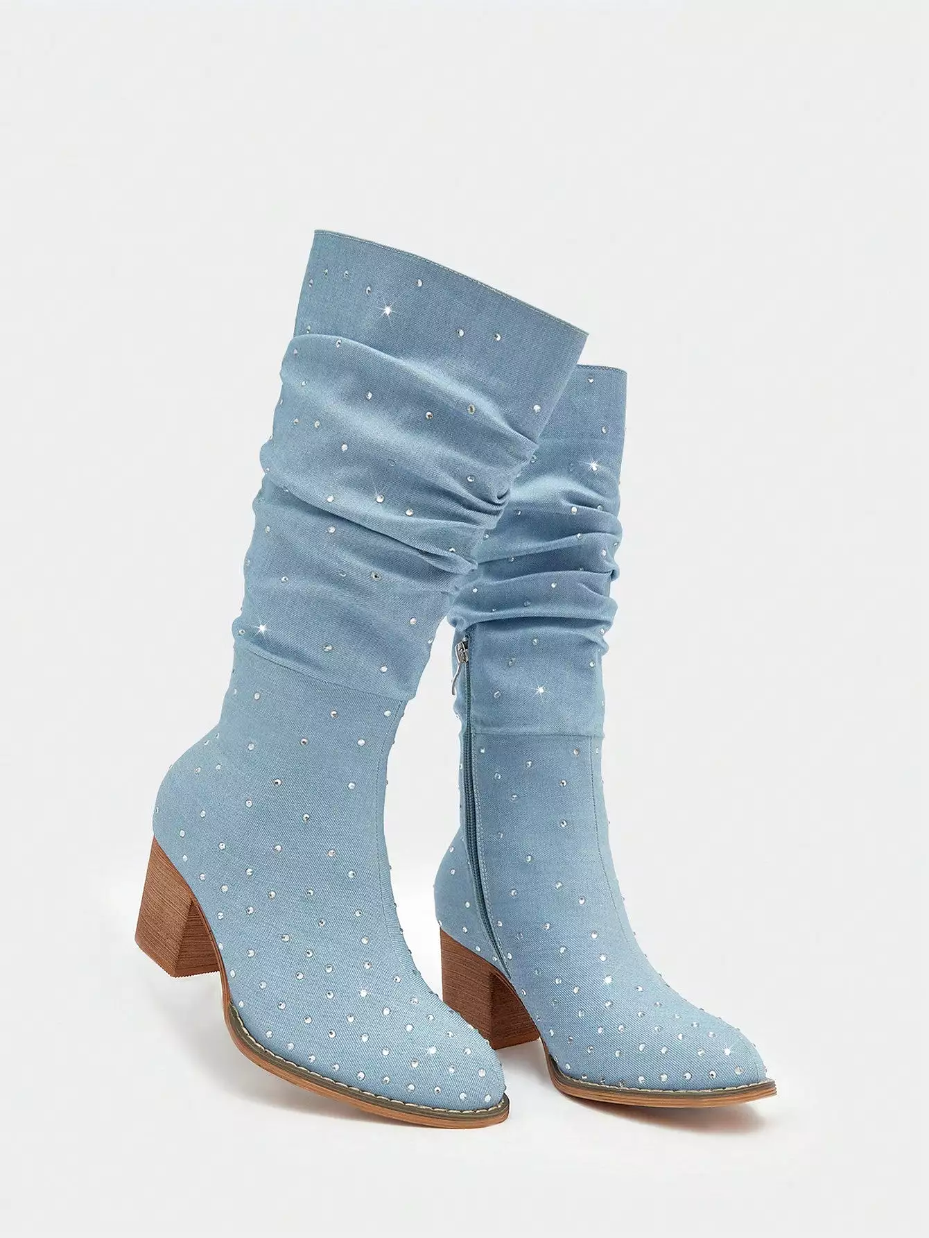 Chunky Heeled Boots with Rhinestone Decor, Outdoor Denim Slouchy Boots for Women