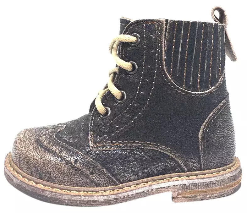 Emel Girls and Boys High Top Combat Style Boot - Brown Gold Distressed Shimmer Leather, Lace Up & Side Zipper