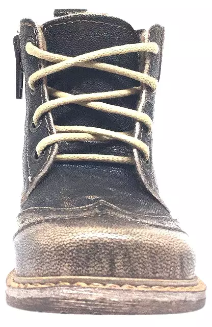 Emel Girls and Boys High Top Combat Style Boot - Brown Gold Distressed Shimmer Leather, Lace Up & Side Zipper