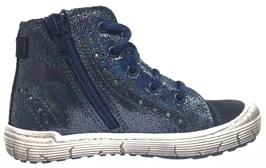 Emel Girls Navy Metallic Shimmer Leather Sneaker High Top