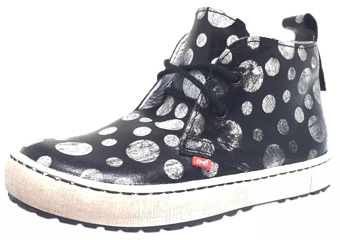 Emel high top sneaker, black polka dot leather, distressed sole.