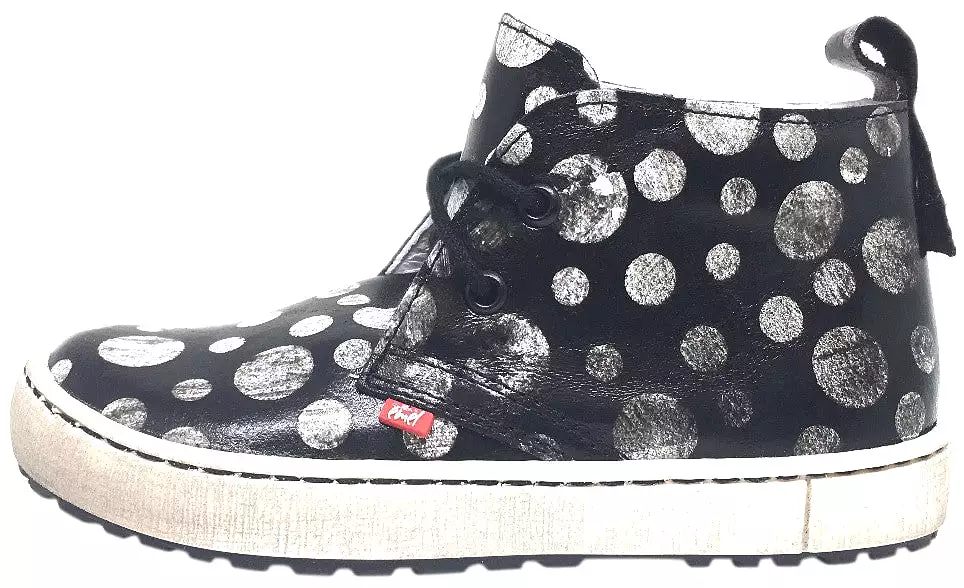 Emel high top sneaker, black polka dot leather, distressed sole.