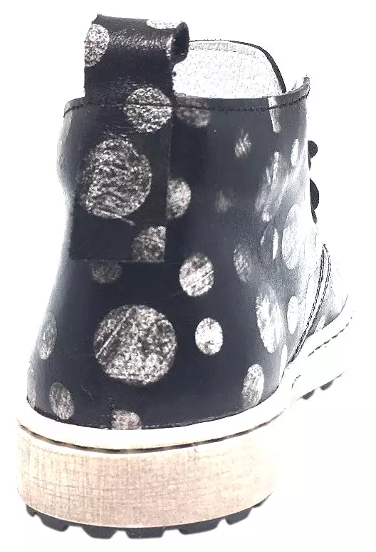 Emel high top sneaker, black polka dot leather, distressed sole.