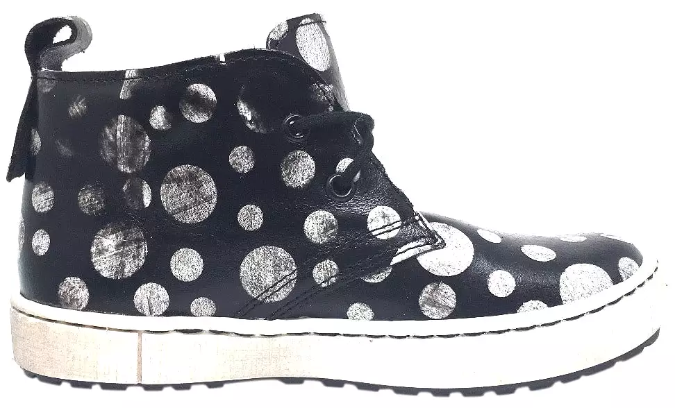 Emel high top sneaker, black polka dot leather, distressed sole.