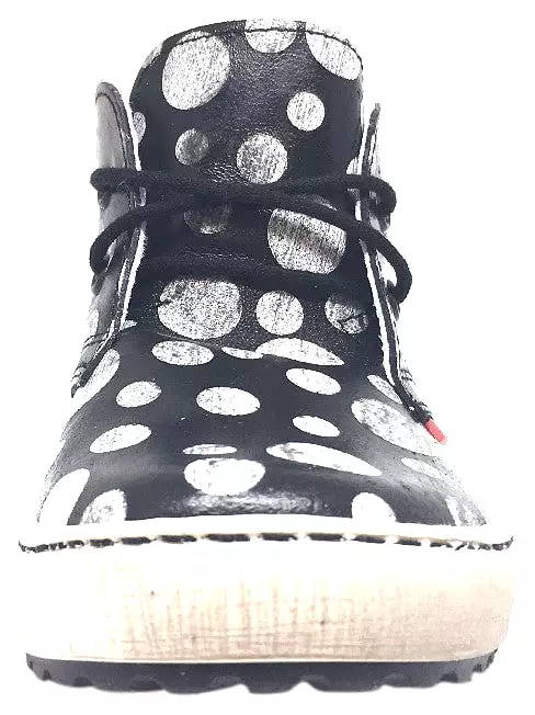 Emel high top sneaker, black polka dot leather, distressed sole.