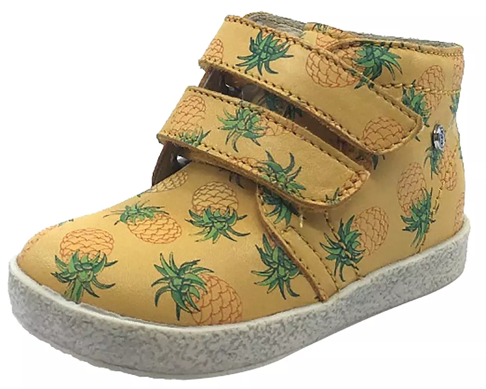 Falcotto mustard yellow pineapple printed leather double strap high top sneaker shoe