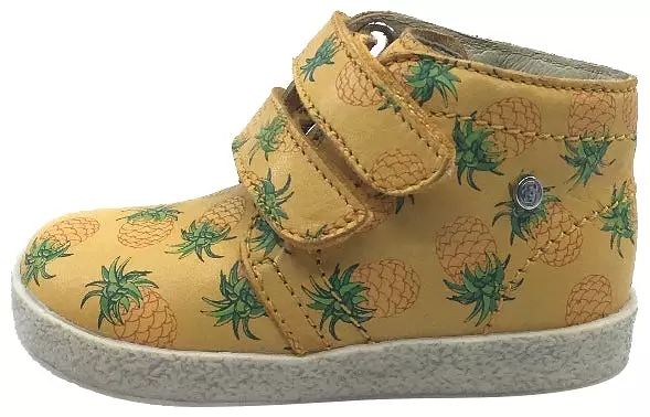 Falcotto mustard yellow pineapple printed leather double strap high top sneaker shoe