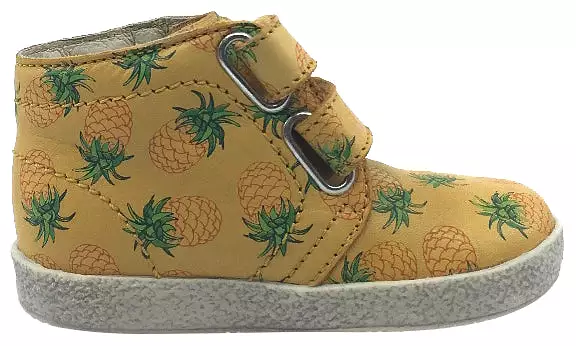 Falcotto mustard yellow pineapple printed leather double strap high top sneaker shoe