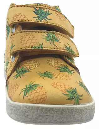 Falcotto mustard yellow pineapple printed leather double strap high top sneaker shoe