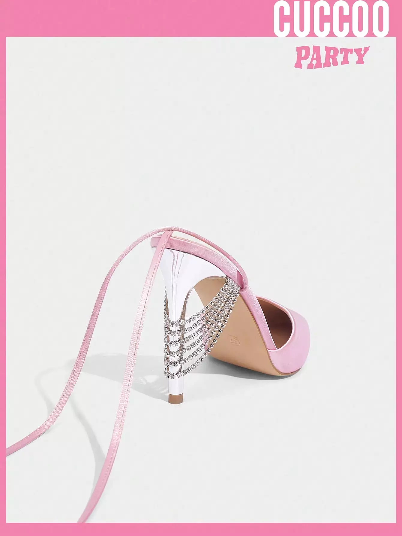 fashionable pointed toe stiletto heel pumps with light pink dacron vamp, strappy and chain design for spring and summer