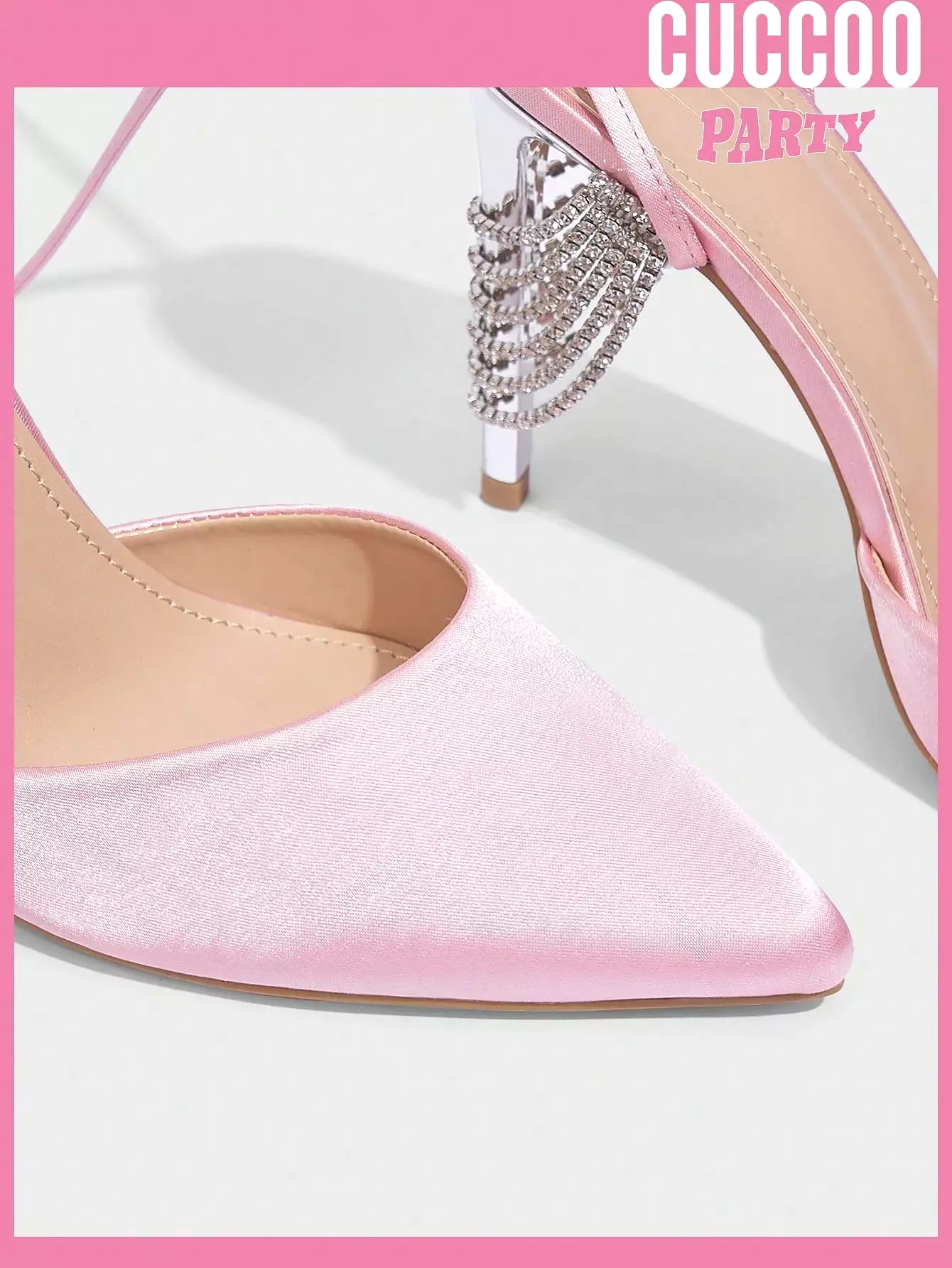 fashionable pointed toe stiletto heel pumps with light pink dacron vamp, strappy and chain design for spring and summer