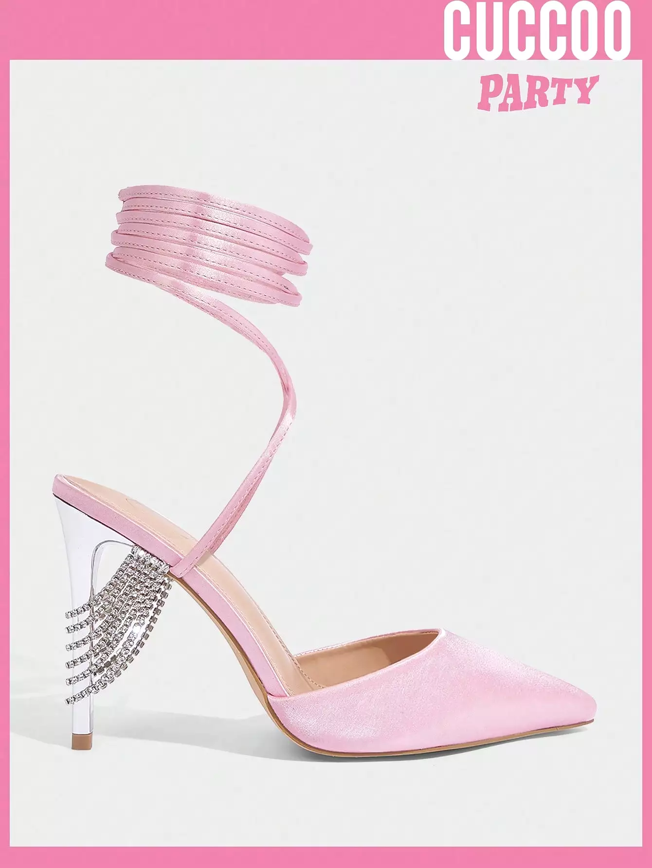 fashionable pointed toe stiletto heel pumps with light pink dacron vamp, strappy and chain design for spring and summer