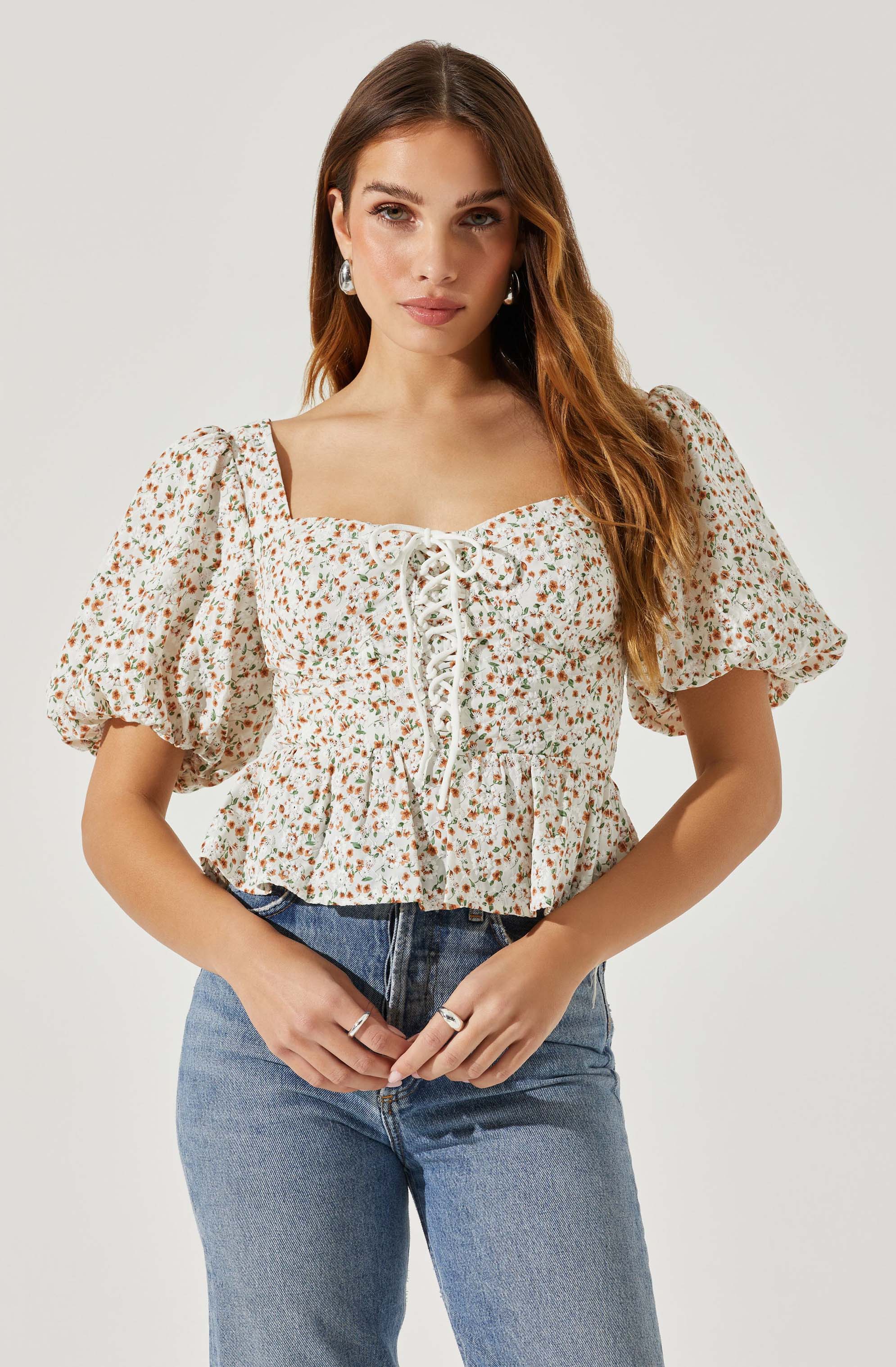 Floral Bubble Sleeve Tie-Front Top