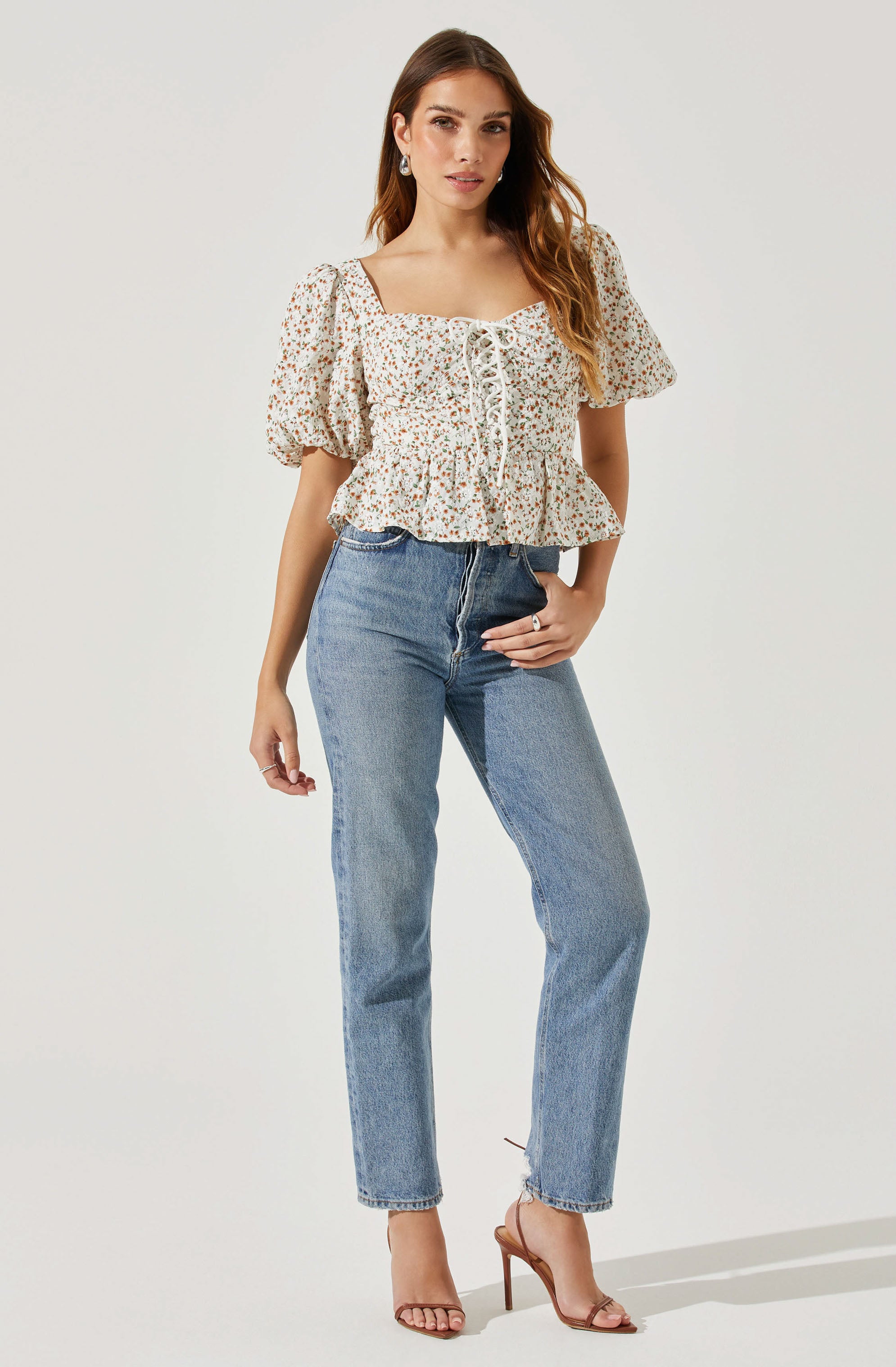 Floral Bubble Sleeve Tie-Front Top