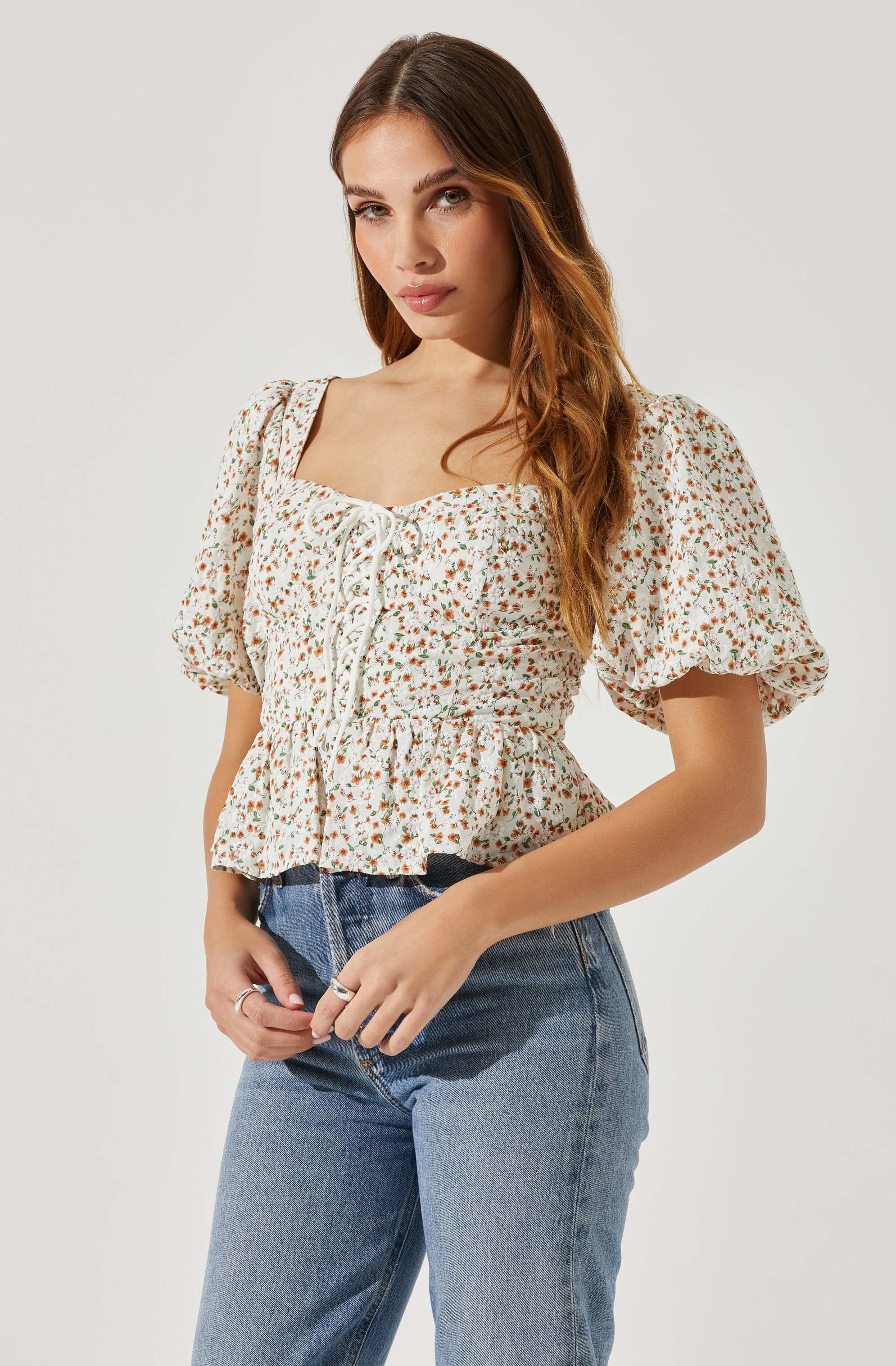 Floral Bubble Sleeve Tie-Front Top