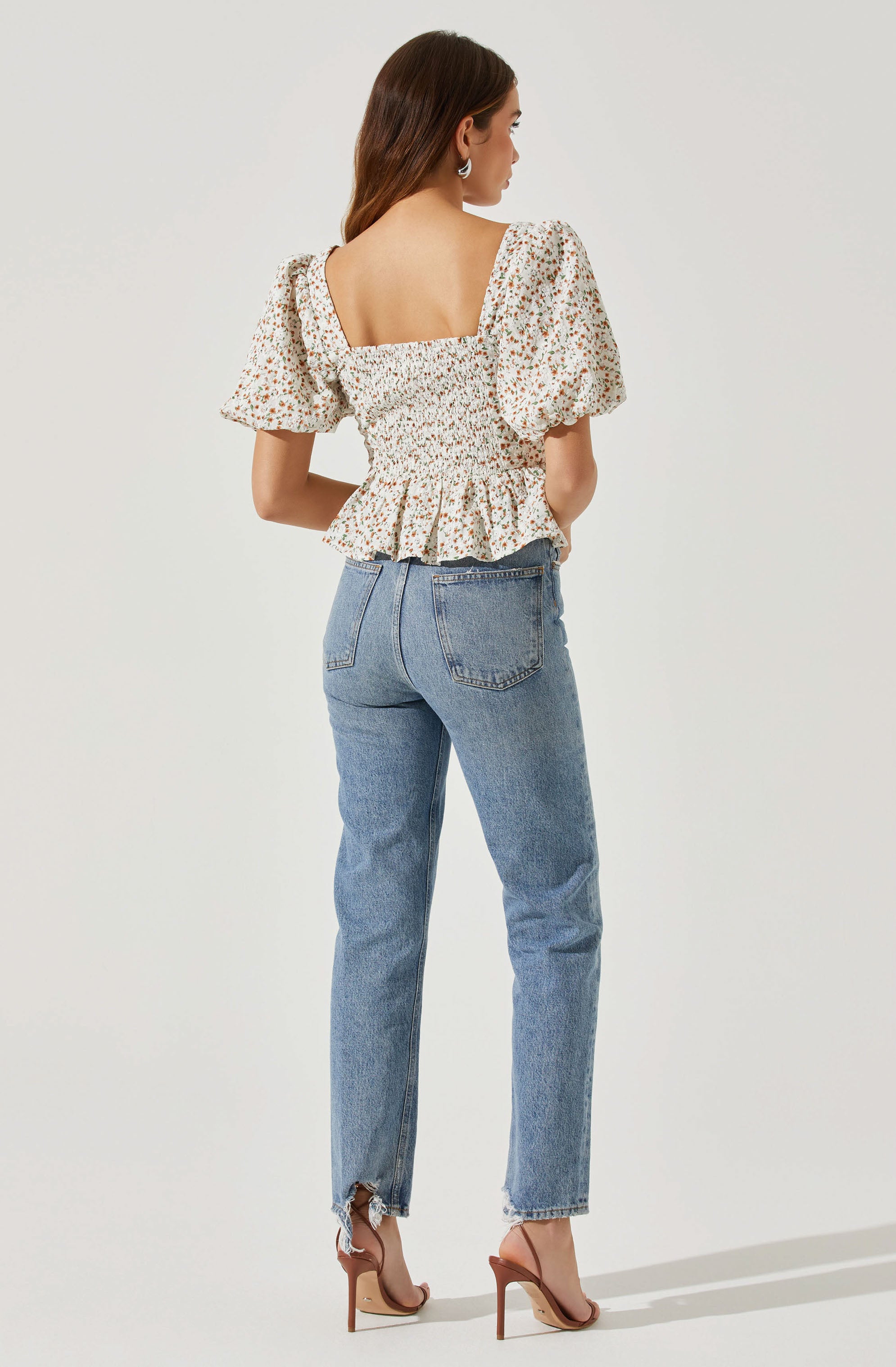 Floral Bubble Sleeve Tie-Front Top