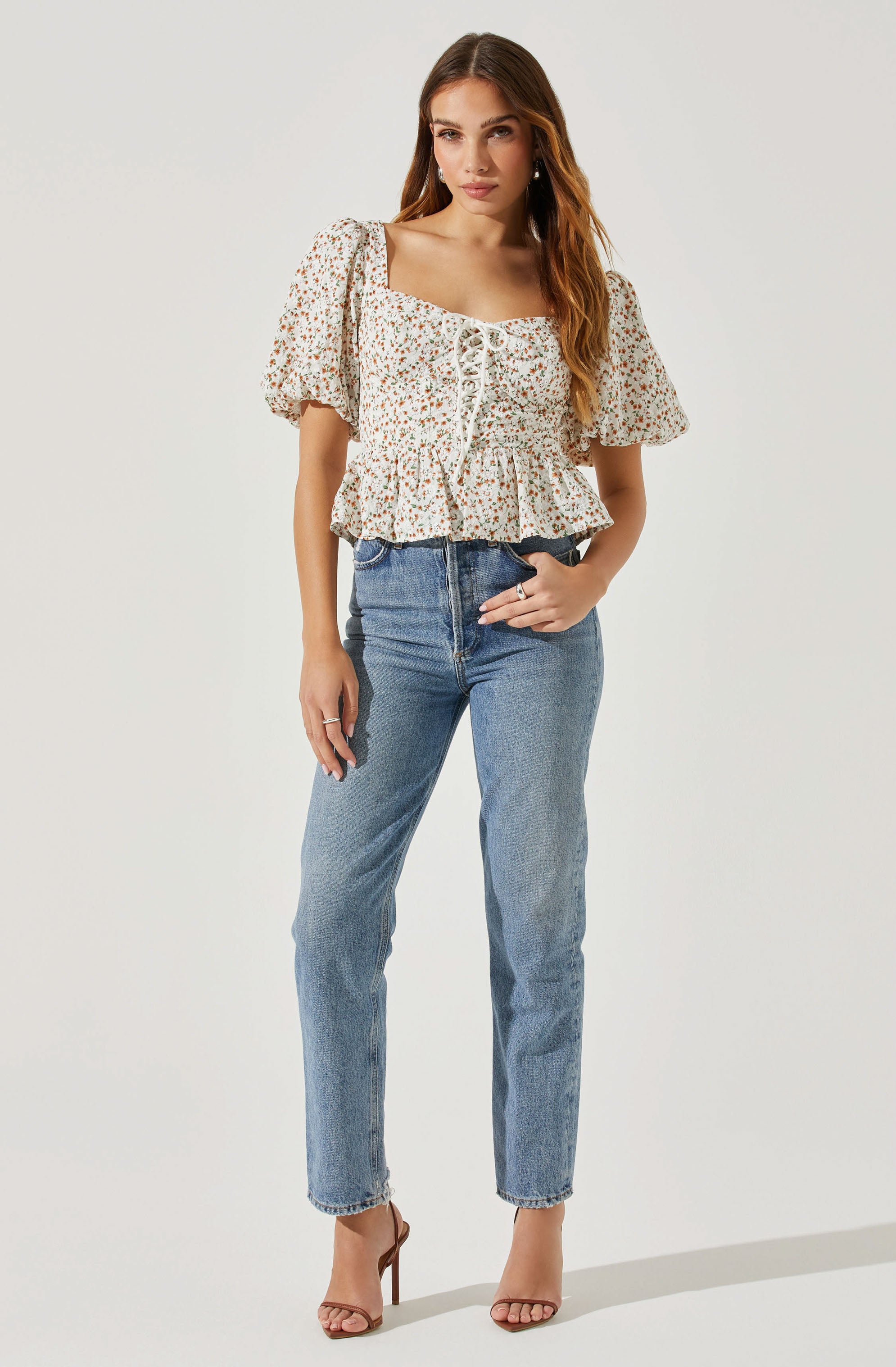 Floral Bubble Sleeve Tie-Front Top