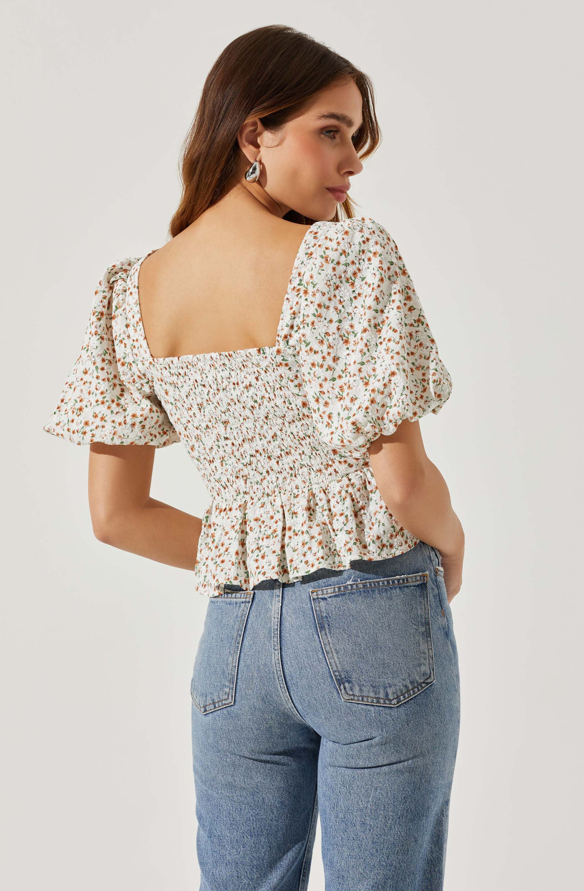 Floral Bubble Sleeve Tie-Front Top