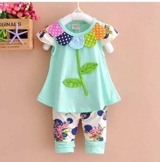 Floral T-shirts and Pants Leggings Set with Bowknot Design