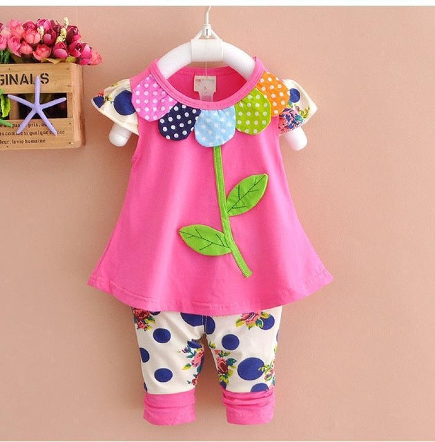 Floral T-shirts and Pants Leggings Set with Bowknot Design