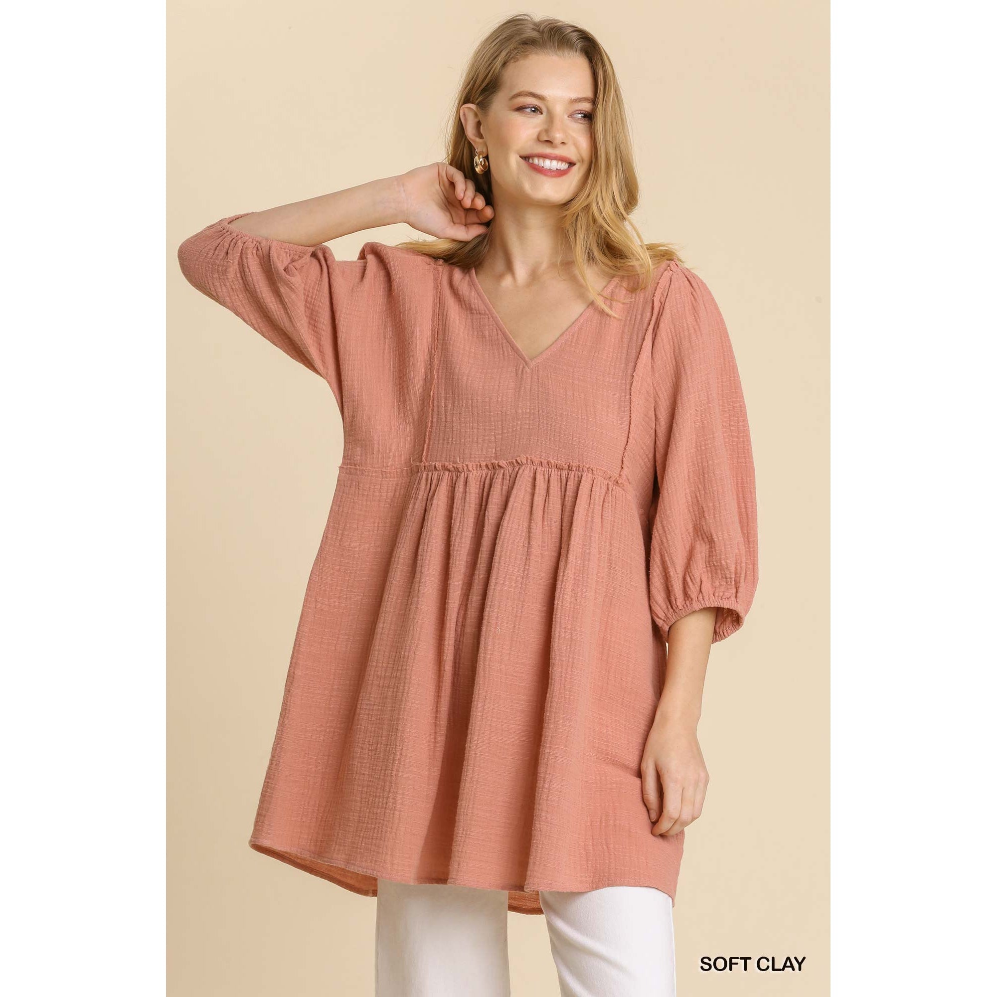 Gauze Tunic Dress with V-neck and Frayed Edge Detail