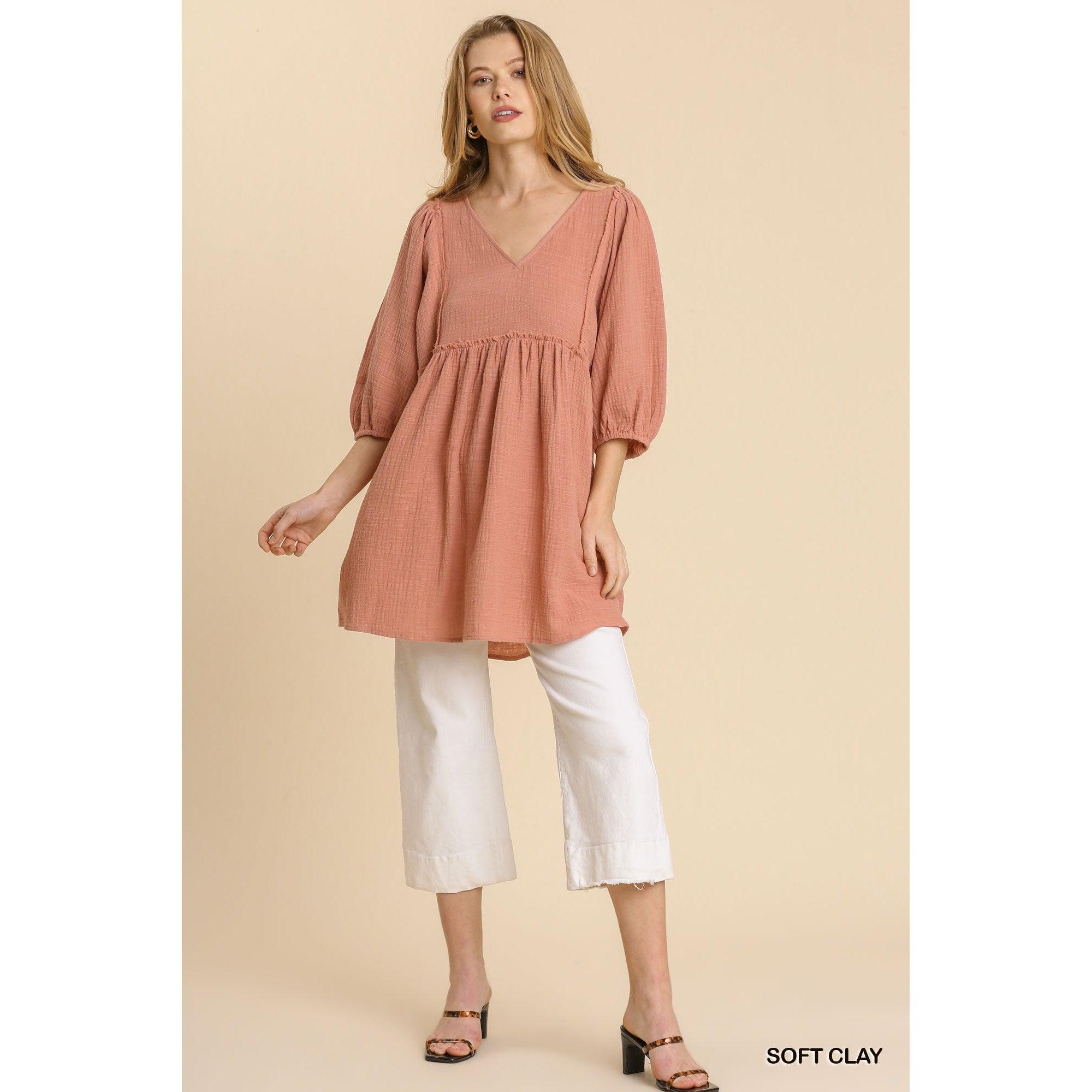 Gauze Tunic Dress with V-neck and Frayed Edge Detail