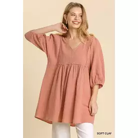 Gauze Tunic Dress with V-neck and Frayed Edge Detail