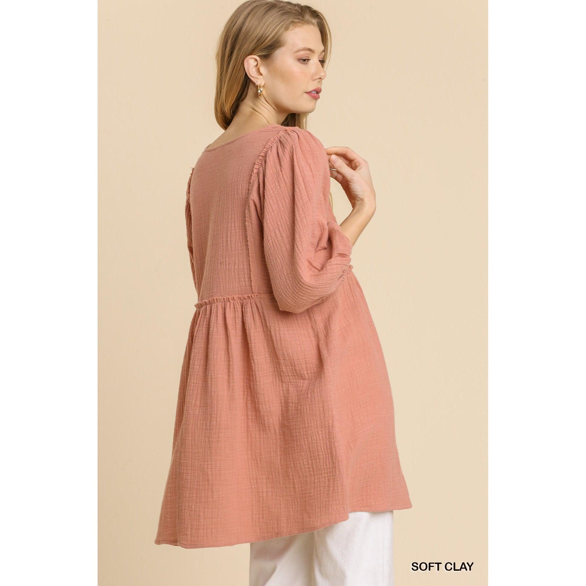 Gauze Tunic Dress with V-neck and Frayed Edge Detail