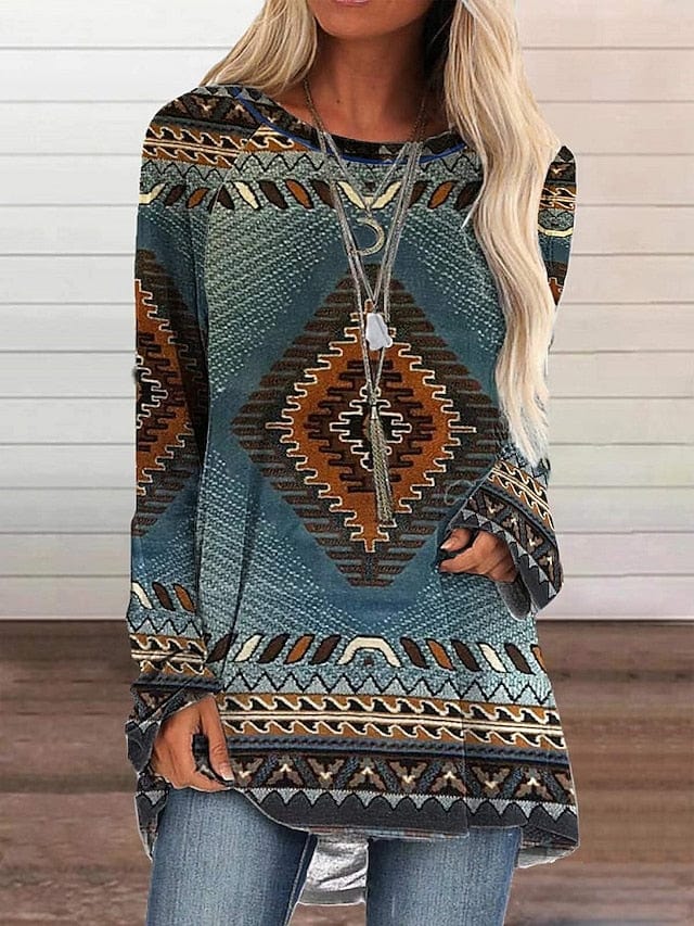 Geometric Plaid Plus Size Tunic Tee - Ethnic Style