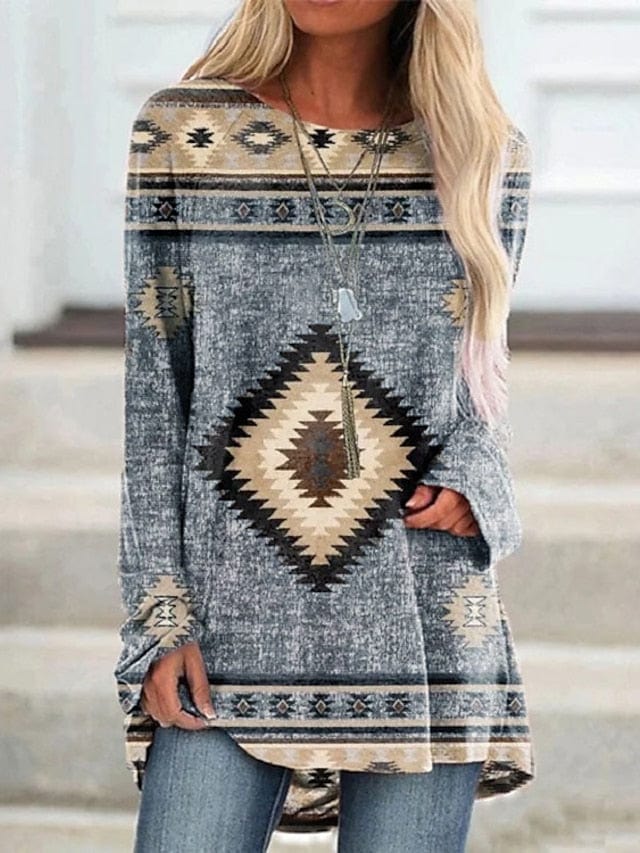 Geometric Plaid Plus Size Tunic Tee - Ethnic Style