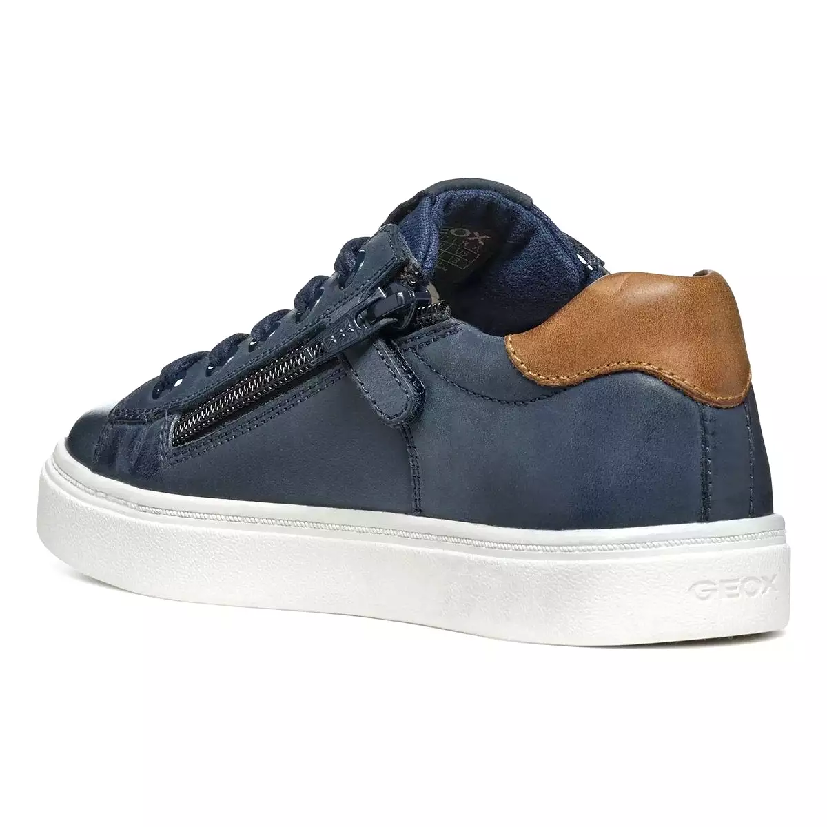 Geox Boy's Nashik Navy/Brown Leather Shoes for Sizes 32-35.