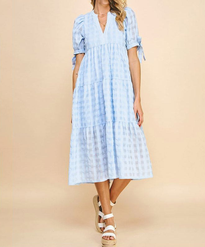 Gingham Print Tunic Dress - Light Blue - Buy Online