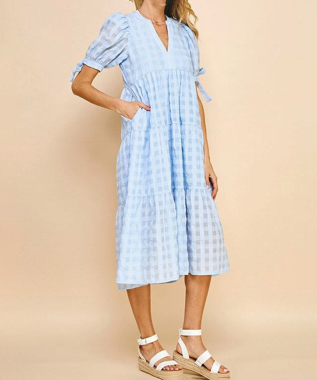 Gingham Print Tunic Dress - Light Blue - Buy Online